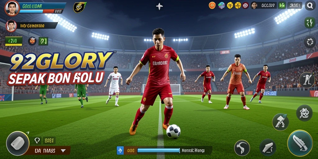 Screenshot gameplay 92GLORY menampilkan aksi sepak bola yang mendebarkan.