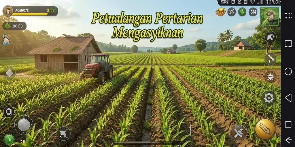 Tampilan gameplay AGEN878 dengan ladang subur dan aktivitas bertani.