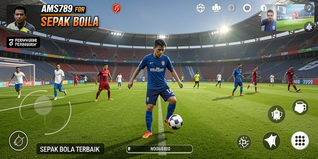 Screenshot gameplay AMS789 menunjukkan aksi seru pertandingan sepak bola.