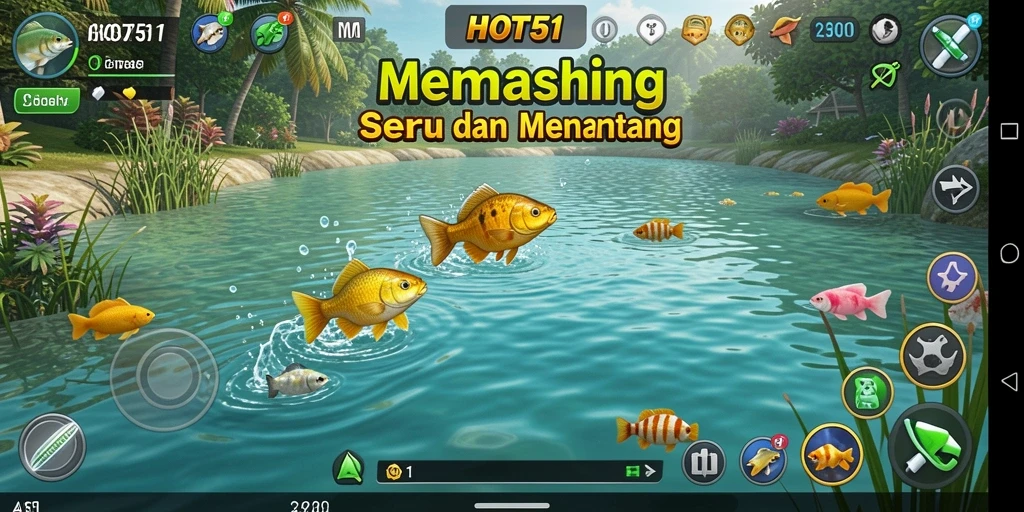 Tampilan gameplay HOT51 menunjukkan keseruan menangkap ikan dengan berbagai peralatan.