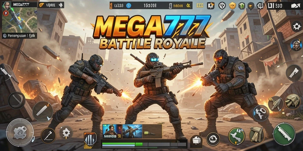 Screenshot gameplay MEGA777 menampilkan pertempuran seru dalam arena Battle Royale.