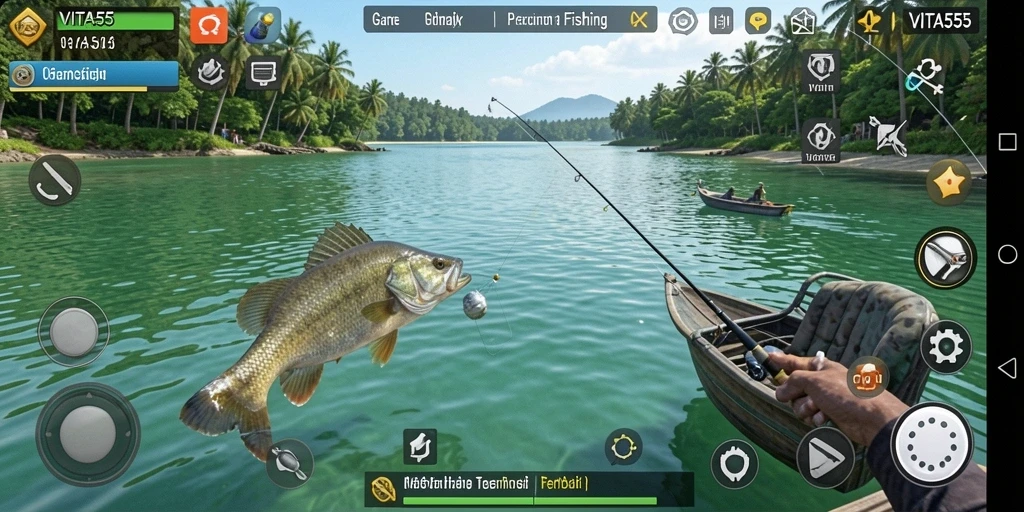 Gameplay VITA555 dengan berbagai jenis ikan dan lokasi memancing.